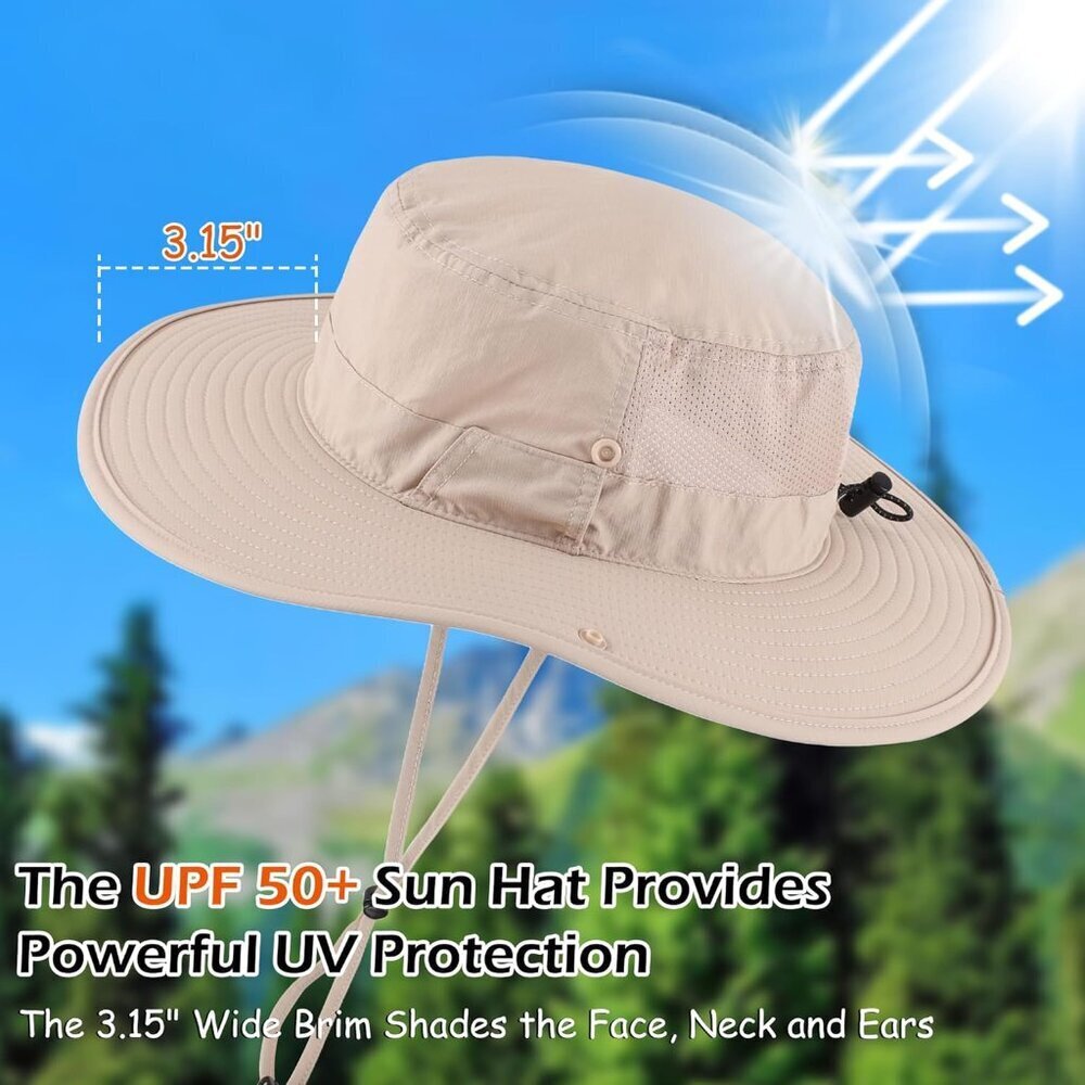 Unisex Light Khaki 100%Nylon Wide Brim Boonie With Chin Strap Classic Bucket Hat - Picture 4 of 6